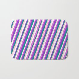 [ Thumbnail: Eye-catching Pink, Mint Cream, Orchid, Dark Orchid & Dark Cyan Colored Stripes Pattern Bath Mat ]