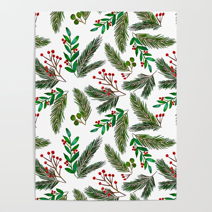 Christmas tree branches and berries pattern Poster