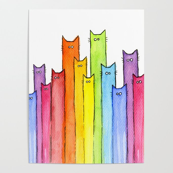 Cat Rainbow Watercolor Pattern Poster