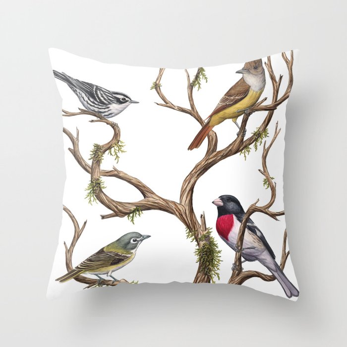Four Songbirds Throw Pillow