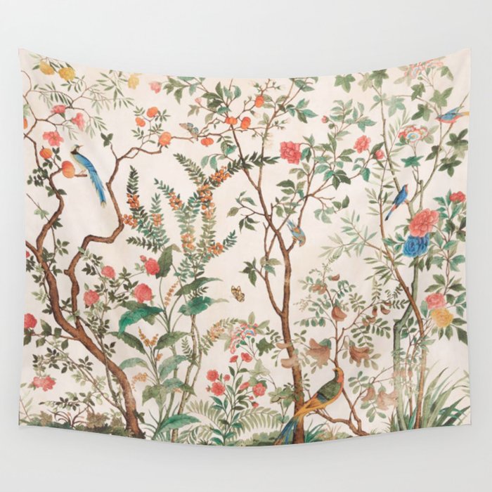 Chinoiserie Peach Floral Fresco Garden Birds Wall Tapestry
