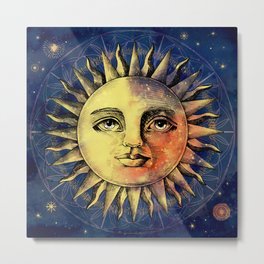 Celestial Antique Sun And Sky Watercolor Batik Metal Print | Vintage, Antique, Mystical, Space, Sky, Engraving, Astrology, Woodcut, Tapestry, Renaissance 