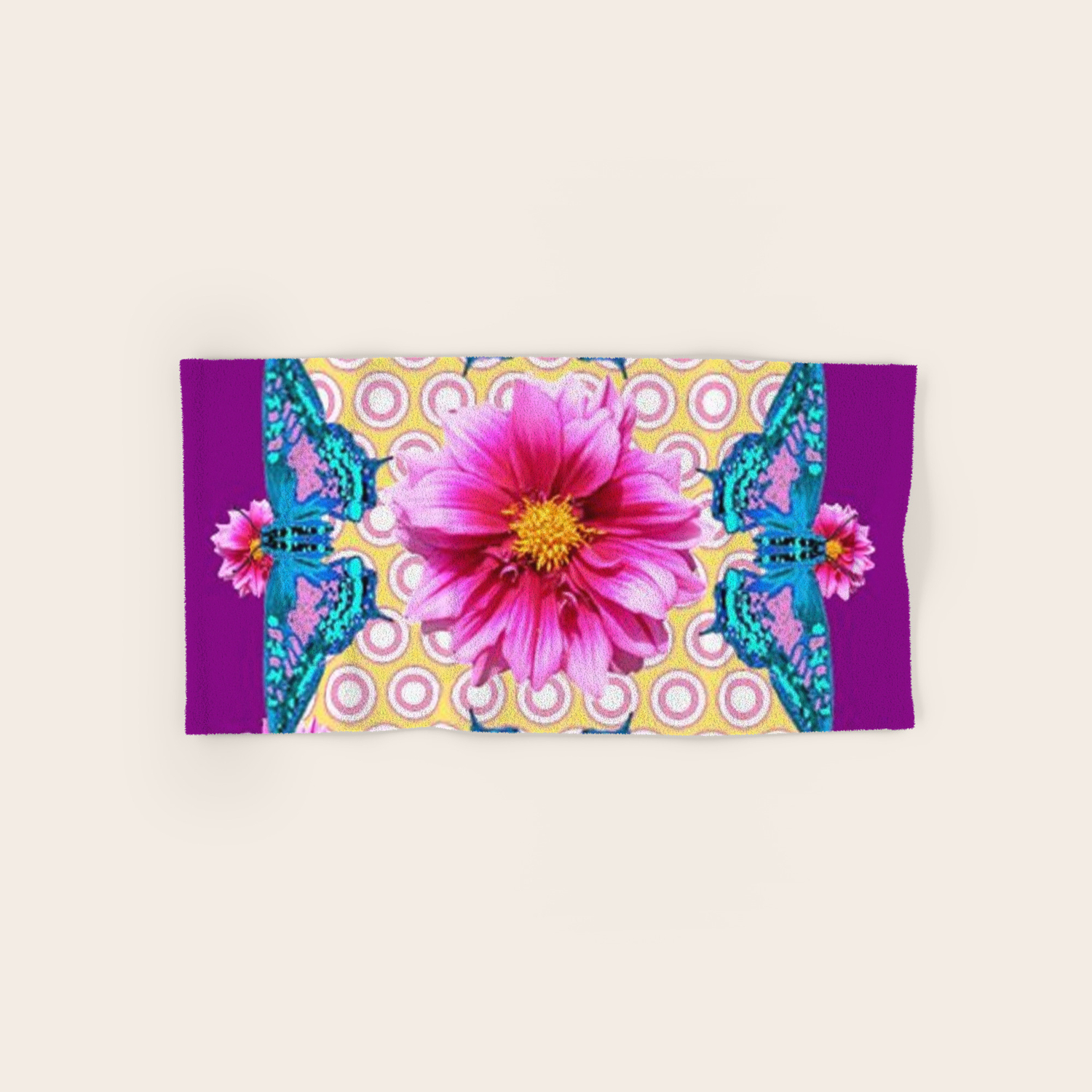 Blue Butterflies Fuchsia Dahlia Flowers Abstract Hand Bath Towel