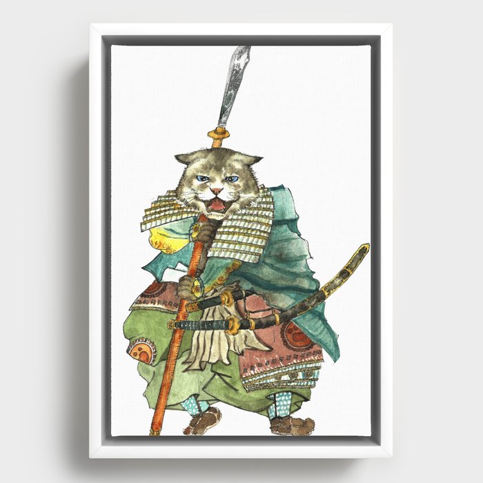 Samurai Cat with a Spear and 2 Swords Framed Canvas