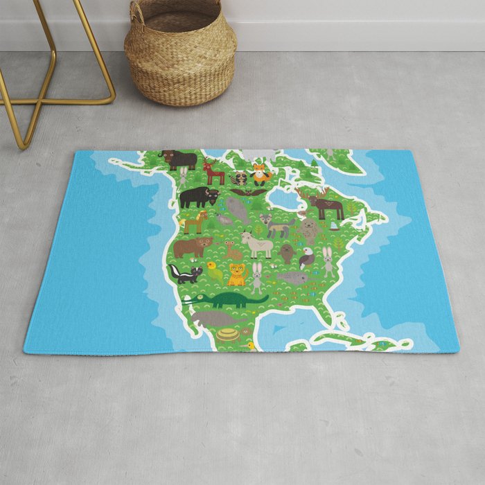 Map Of North America With Animals Bison Bat Manatee Fox Elk Horse Map Of North America With Animals Bison Bat Manatee Fox Elk Horse Wolf Partridge Seal Polar Bear Rug