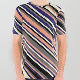 [ Thumbnail: Colorful Dim Grey, Light Salmon, Midnight Blue, Light Yellow & Black Colored Lines Pattern All Over Graphic Tee ]