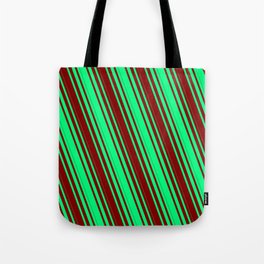 [ Thumbnail: Green & Maroon Colored Striped/Lined Pattern Tote Bag ]
