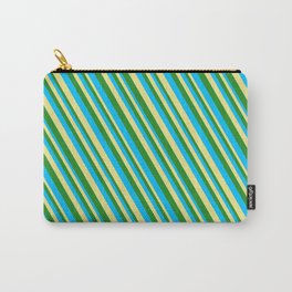 [ Thumbnail: Deep Sky Blue, Tan & Forest Green Colored Striped Pattern Carry-All Pouch ]