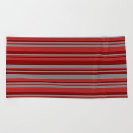 [ Thumbnail: Red, Maroon, and Gray Colored Stripes Pattern Beach Towel ]