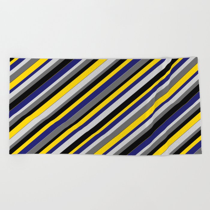 Vibrant Light Gray, Dim Gray, Black, Yellow, and Midnight Blue Colored Stripes Pattern Beach Towel