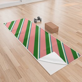 [ Thumbnail: Teal, Beige, Dark Green & Light Coral Colored Lines Pattern Yoga Towel ]