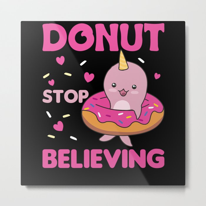 Cute Narwhal Funny Animals In Donut Pink Metal Print