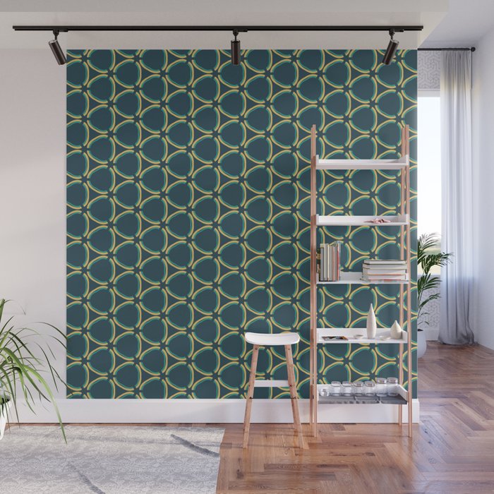 Geometric pattern no.6 with blue and yellow round shapes on a dark blue background Wall Mural