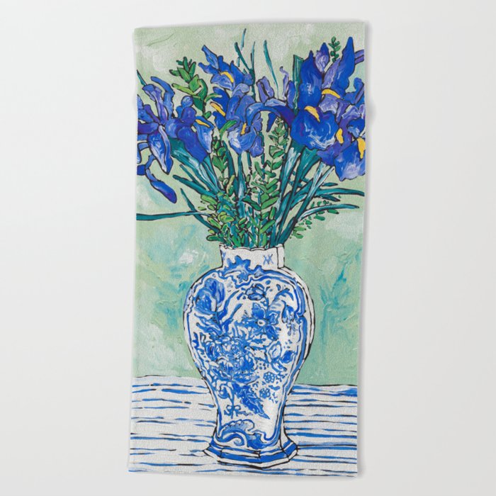 Iris Bouquet In Chinoiserie Vase On Blue And White Striped