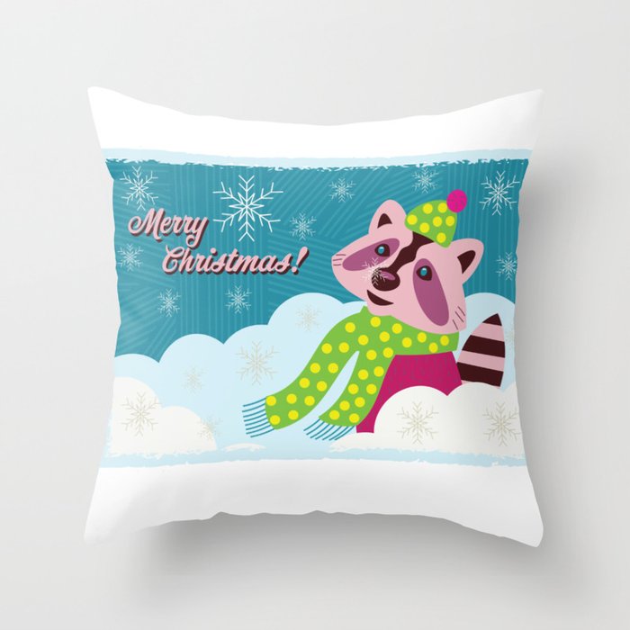 Merry Christmas Snowy Raccoon Throw Pillow