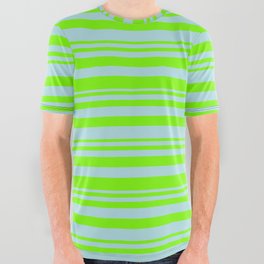 [ Thumbnail: Green and Powder Blue Colored Lines Pattern All Over Graphic Tee ]