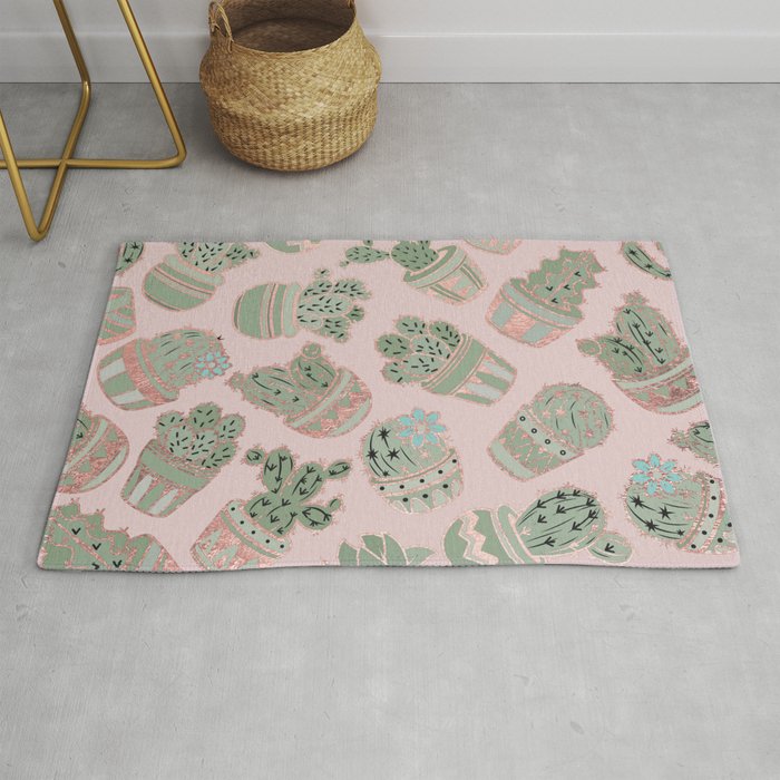 Blush Pink Mint Green Rose Gold Cactus Floral Rug By Pink Water Society6