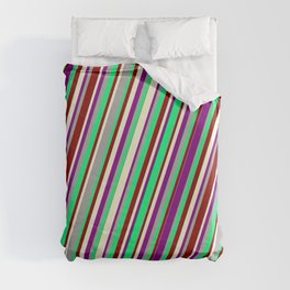 [ Thumbnail: Colorful Dark Gray, Green, Dark Red, Light Yellow, and Purple Colored Lined/Striped Pattern Duvet Cover ]