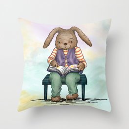 Bunny with Book on Watercolor Throw Pillow