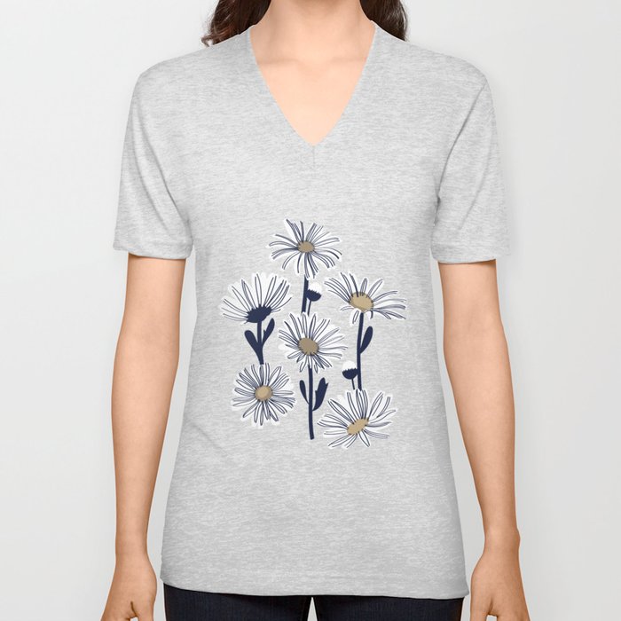 Field of daisies // lagoon background white and mushroom brown daisy flowers oxford navy blue line art V Neck T Shirt