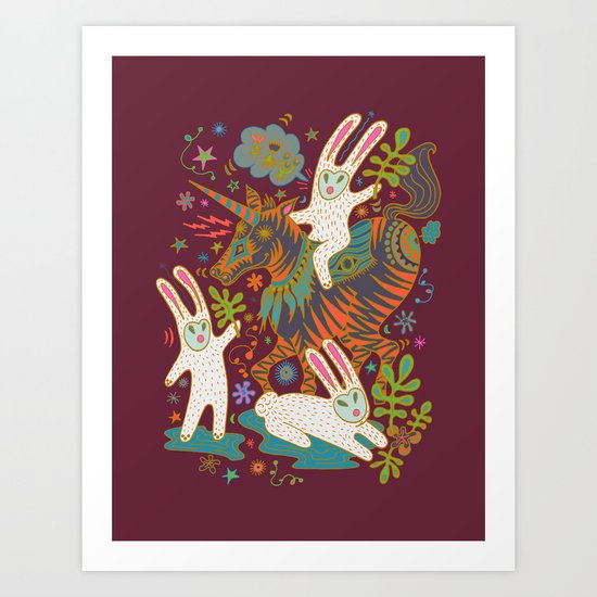 Three Rabbits and a Unicorn Art Print