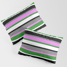 [ Thumbnail: Eye-catching Gray, Violet, Forest Green, White & Black Colored Striped/Lined Pattern Pillow Sham ]