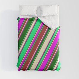[ Thumbnail: Eyecatching Green, Brown, Light Yellow, Fuchsia, and Dark Green Colored Stripes Pattern Duvet Cover ]