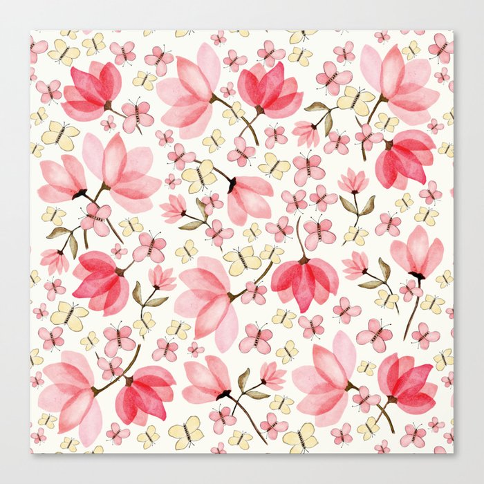 Watercolor pink flowers pattern Canvas Print
