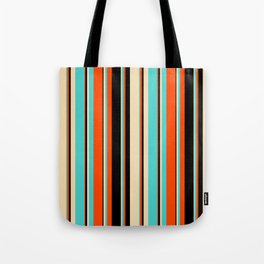 [ Thumbnail: Red, Black, Tan & Turquoise Colored Lined/Striped Pattern Tote Bag ]