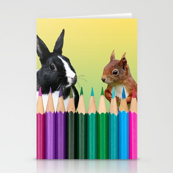 Colored Pencils - Squirrel & black and white Bunny - Rabbit Stationery Cards