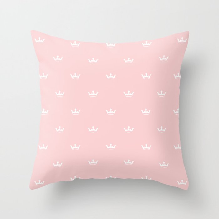 White Crown pattern on Pastel Pink background Throw Pillow