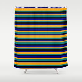 [ Thumbnail: Orange, Teal, Black, and Dark Blue Colored Stripes/Lines Pattern Shower Curtain ]