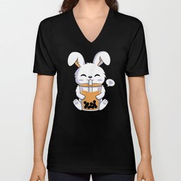 Kawaii Anime Bunny Drinking Boba Bubble Tea Rabbit V Neck T Shirt