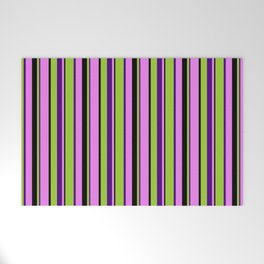 [ Thumbnail: Green, Indigo, Violet, and Black Colored Lines/Stripes Pattern Welcome Mat ]
