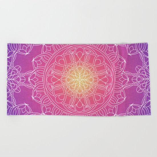 White Lace Mandala in Purple, Pink, and Yellow Beach Towel