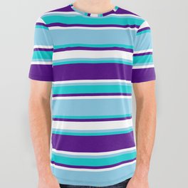 [ Thumbnail: Sky Blue, Dark Turquoise, Indigo & White Colored Lines Pattern All Over Graphic Tee ]