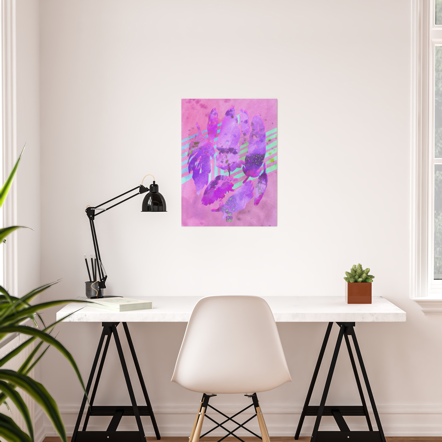 Boho Feather Zig Zag Collage Watercolor Feather Art Print Pink