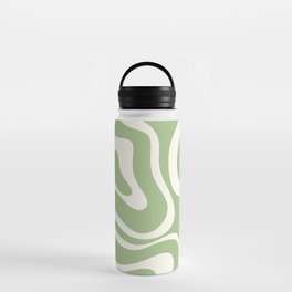 Modern Liquid Swirl Abstract Pattern in Light Sage Green and Cream Water Bottle