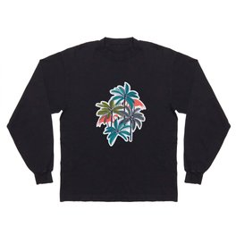 Retro vacation mode // white background highball green peacock blue and green grey palm trees oxford navy blue lines coral flamingos Long Sleeve T-shirt