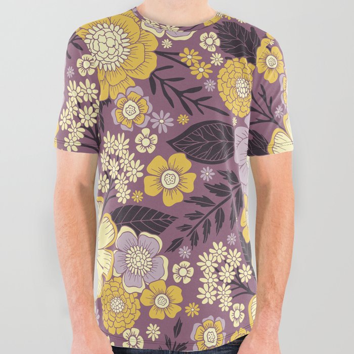 Purple Yellow Floral Botanical Pattern All Over Graphic Tee by