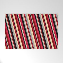 [ Thumbnail: Eye-catching Crimson, Maroon, Tan, Dark Gray, and Black Colored Lines/Stripes Pattern Welcome Mat ]