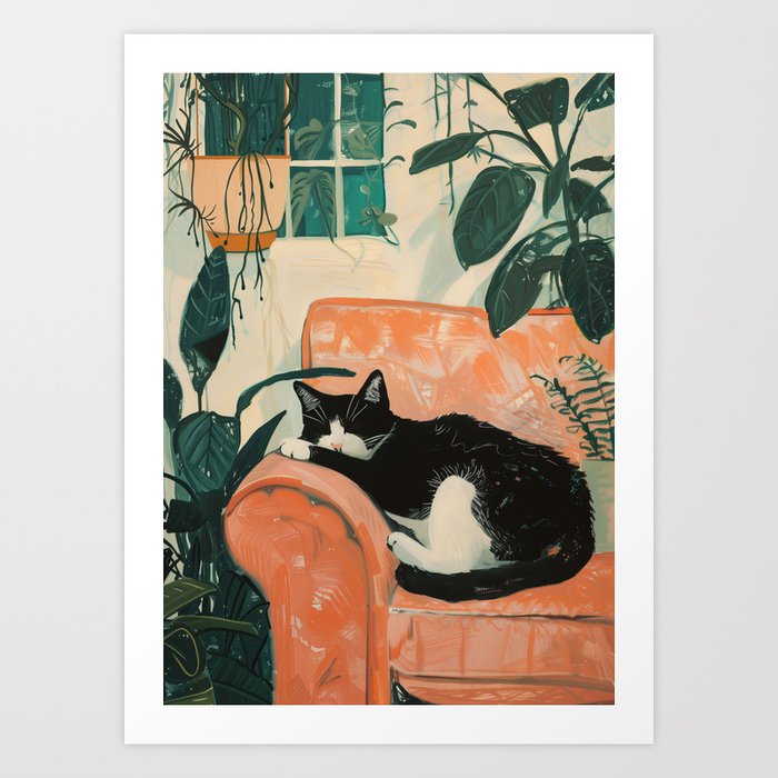 Harmony Haven: Monochrome Cat Resting on Crimson Throne Art Print