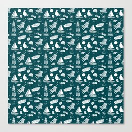 Teal Blue And White Summer Beach Elements Pattern Canvas Print