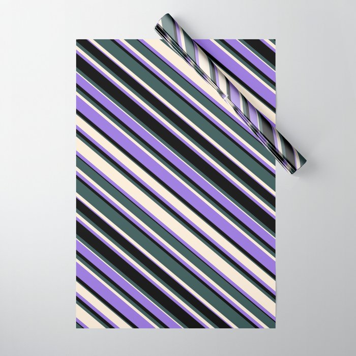 Dark Slate Gray, Beige, Purple & Black Colored Lined Pattern Wrapping Paper