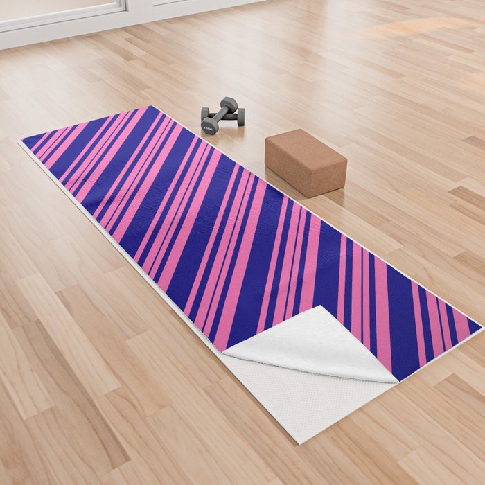 Hot Pink and Blue Colored Striped Pattern Yoga Towel