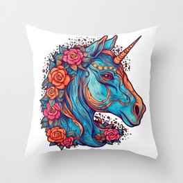 Illustration of Unicorn with Flowers Throw Pillow