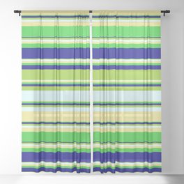 [ Thumbnail: Vibrant Green, Light Cyan, Tan, Lime Green & Blue Colored Stripes/Lines Pattern Sheer Curtain ]