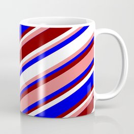 [ Thumbnail: Light Coral, Blue, Maroon, and White Colored Stripes Pattern Coffee Mug ]