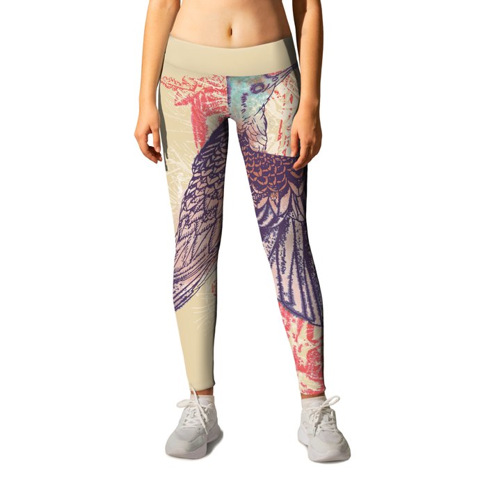 Abstract art with purple bird and red coral Leggings