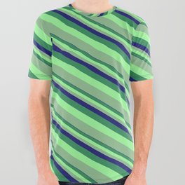 [ Thumbnail: Midnight Blue, Sea Green, Green & Dark Sea Green Colored Stripes Pattern All Over Graphic Tee ]